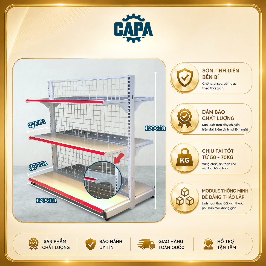 Kệ siêu thị đôi cao 1,2m dài 1,2m - 3 tầng (6 mâm kệ - NT - 1 Trụ)