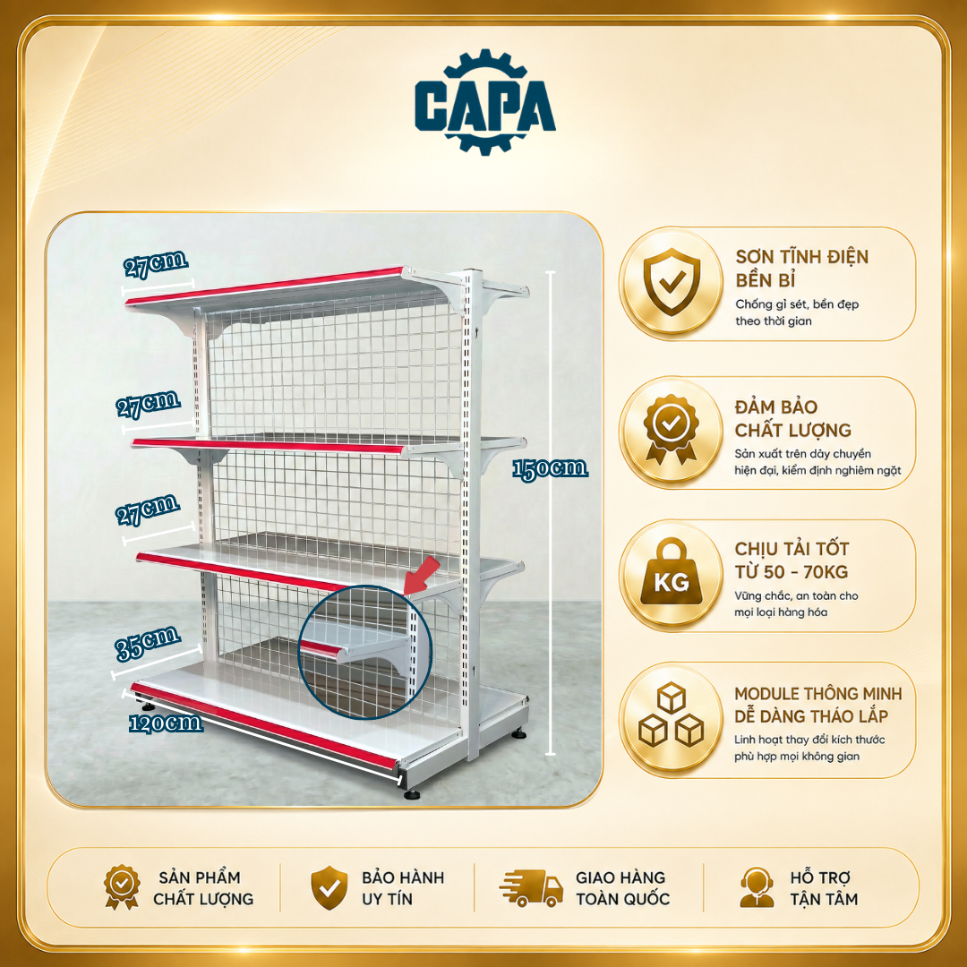 Kệ siêu thị đôi cao 1,5m dài 1,2m - 4 tầng (8 mâm kệ - NT - 1 Trụ)