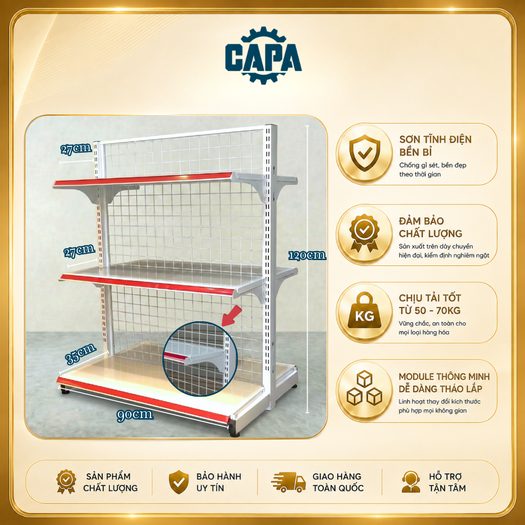 Kệ siêu thị đôi cao 1,2m dài 0.9m - 3 tầng (6 mâm kệ - NT - 1 Trụ)