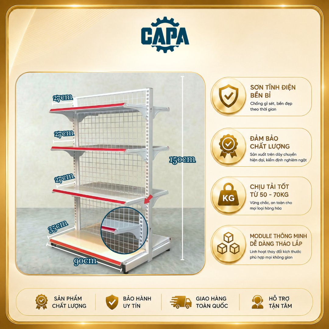 Kệ siêu thị đôi cao 1,5m dài 0.9m - 4 tầng (8 mâm kệ - NT - 1 Trụ)