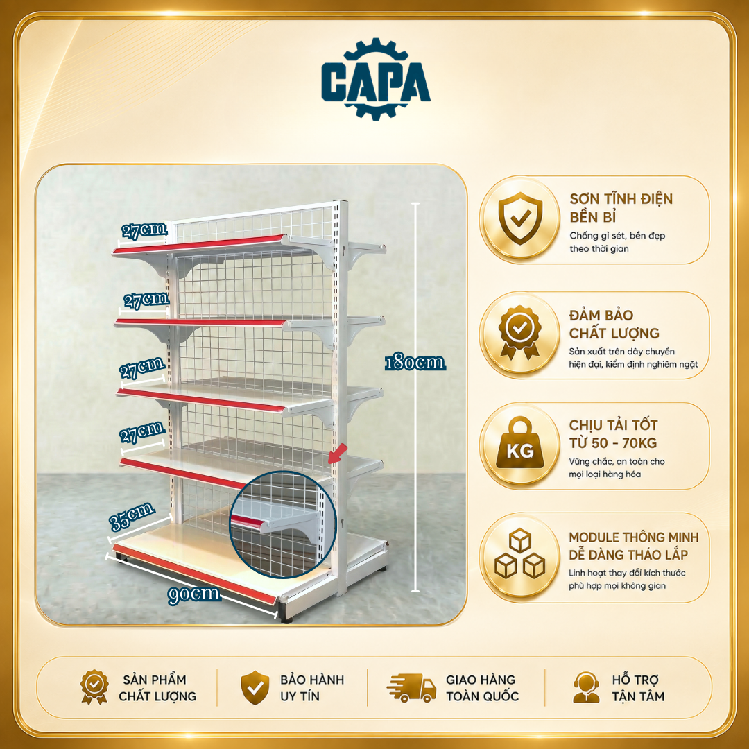 Kệ siêu thị đôi cao 1,8m dài 0.9m - 5 tầng (10 mâm kệ - NT - 1 Trụ)