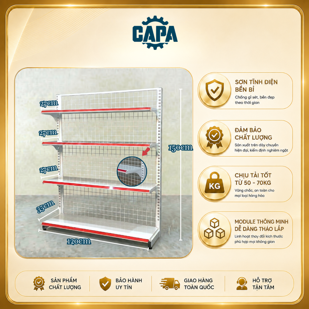 Kệ siêu thị đơn cao 1,8m dài 1,2m - 5 tầng (5 mâm kệ - NT - 1 Trụ)