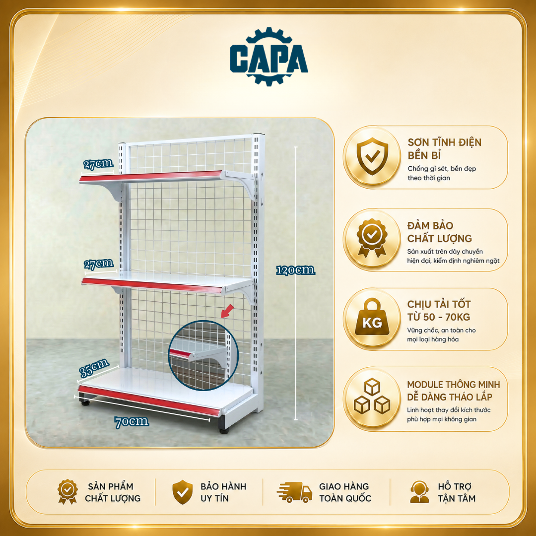 Kệ siêu thị đơn cao 1,2m dài 0,7m - 3 tầng (3 mâm kệ - NT - 1 Trụ)