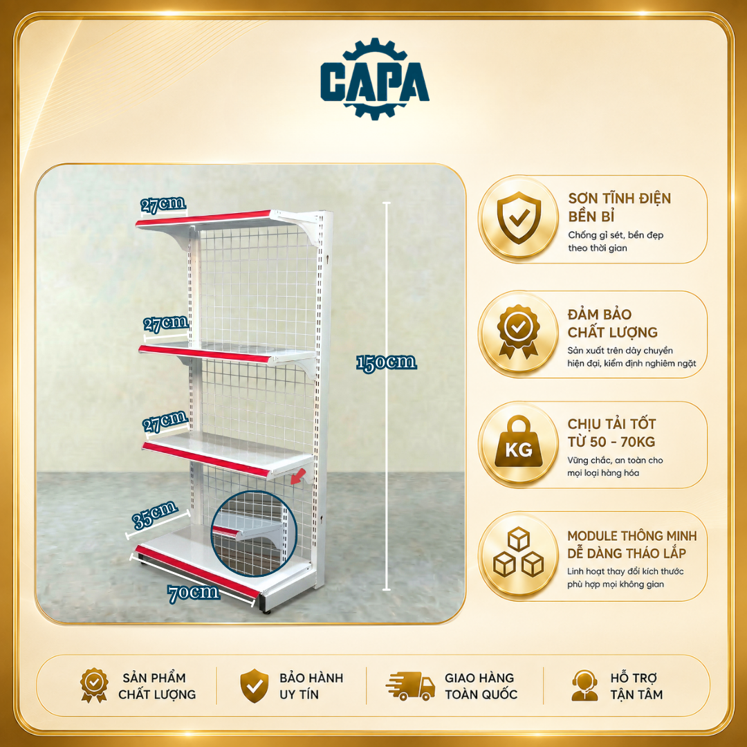 Kệ siêu thị đơn cao 1,5m dài 0,7m - 4 tầng (4 mâm kệ - NT - 1 Trụ)