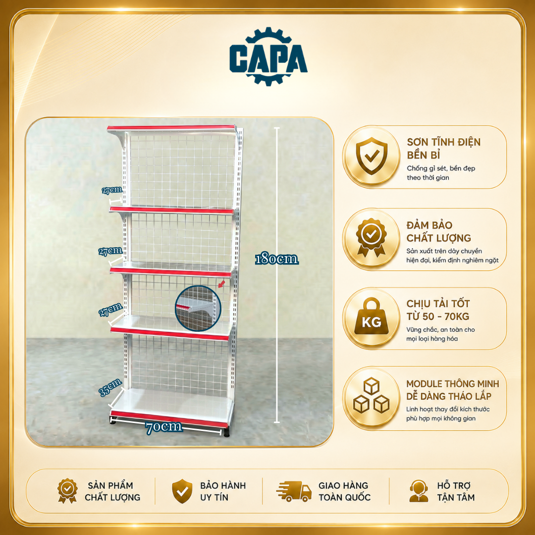 Kệ siêu thị đơn cao 1,8m dài 0,7m - 5 tầng (5 mâm kệ - NT - 1 Trụ)