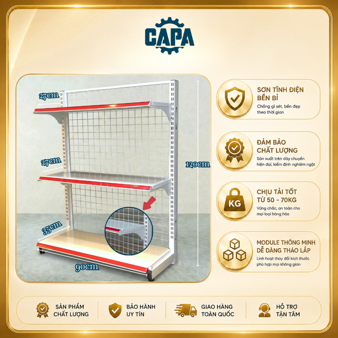 Kệ siêu thị đơn cao 1,2m dài 0,9m - 3 tầng (3 mâm kệ - NT - 1 Trụ)