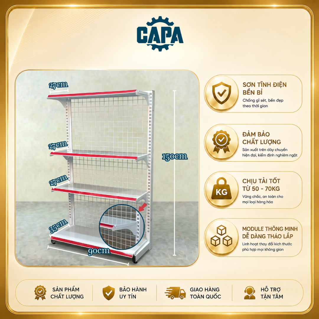 Kệ siêu thị đơn cao 1,5m dài 0,9m - 4 tầng (4 mâm kệ - NT - 1 Trụ)
