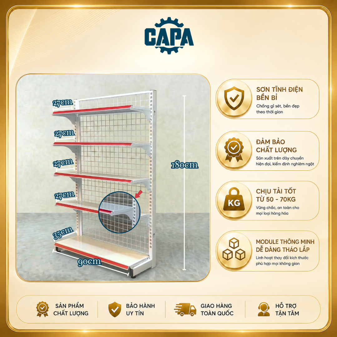 Kệ siêu thị đơn cao 1,8m dài 0,9m - 5 tầng (5 mâm kệ - NT - 1 Trụ)
